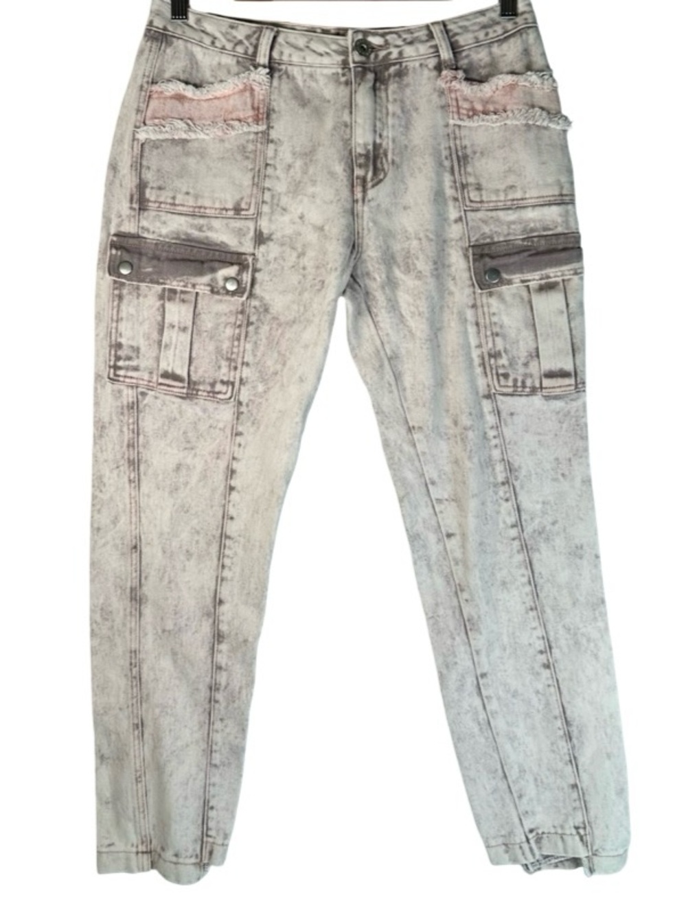 POL Gray Acid Wash Utility Boyfriend Straight Mid Rise Cargo Jeans Size Large